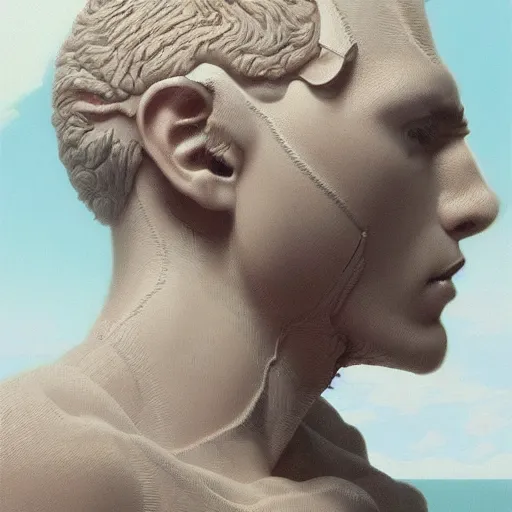 Image similar to peter tarka, minimalistic, hyperrealistic surrealism, award winning masterpiece with incredible details, epic stunning, astronaut sinking falling underwater infinity pool, a surreal vaporwave liminal space, highly detailed, trending on ArtStation, artgerm and greg rutkowski and alphonse mucha, daily deviation, IAMAG, broken giant marble head statue ruins, illuminated