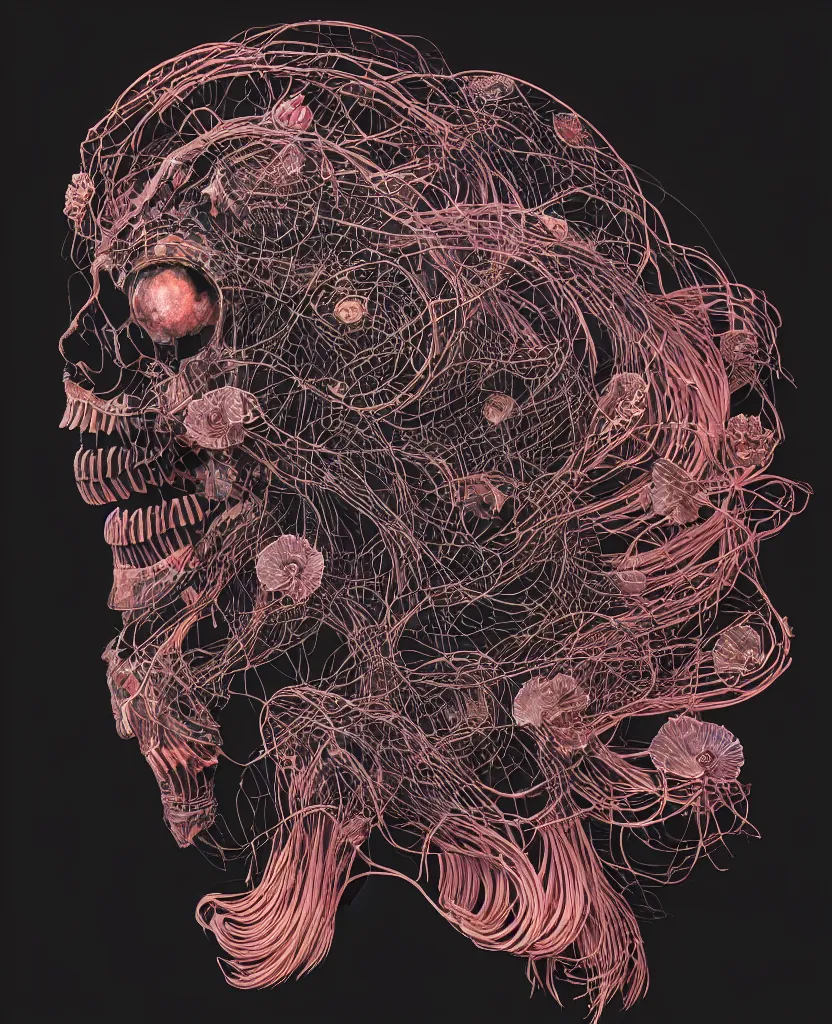 Image similar to fully black background. background hex 000000. goddess princess face close-up portrait ram skull. japanese coloured paper bas relief paper sculpture. jellyfish phoenix head, nautilus, orchid, skull, betta fish, bioluminiscent creatures, intricate artwork by Tooth Wu and wlop and beeple. octane render, trending on artstation, greg rutkowski very coherent symmetrical artwork. cinematic, hyper realism, high detail, octane render, 8k