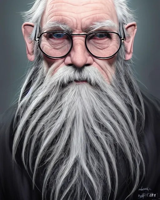 Prompt: portrait of 8 0 - year - old man, with blue eyes, very long silver hair, and very long silver beard, a long crooked nose, wearing half rounded glasses, dumbledore, wearing in black cloak, hyper realistic face, beautiful eyes, character art, art by mark brooks, hyperdetailed, cryengine, trending on artstation, digital art