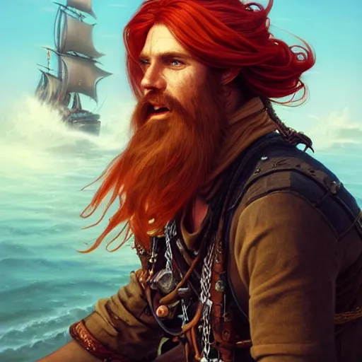 Prompt: rugged playful pirate, 3 0 years old, male, handsome, masculine, red hair, long hair, long beard, soft hair, fantasy, intricate, elegant, highly detailed, steampunk, airship, digital painting, artstation, concept art, character art, smooth, sharp focus, illustration, art by artgerm and greg rutkowski and alphonse mucha