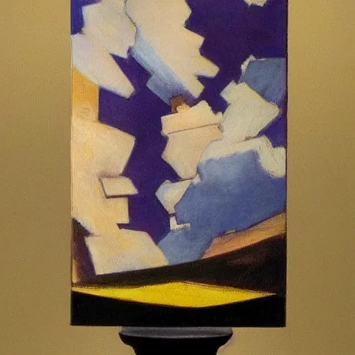 Image similar to by david bomberg, by milo manara depressing. a beautiful kinetic sculpture of a castle in the clouds.