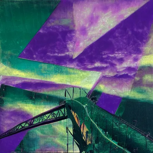 Image similar to a piece of purple sky with a green sun falls to the ground and breaks into fragments, metallic bridge, futurism, schizophrenia, hyperrealistic fall