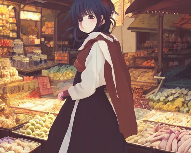 Image similar to anime visual, portrait of a young female traveler in an open medieval market shopping, cute face by yoh yoshinari, katsura masakazu, cool studio lighting, dynamic pose, dynamic perspective, strong silhouette, anime cels, ilya kuvshinov, cel shaded, crisp and sharp, rounded eyes, moody