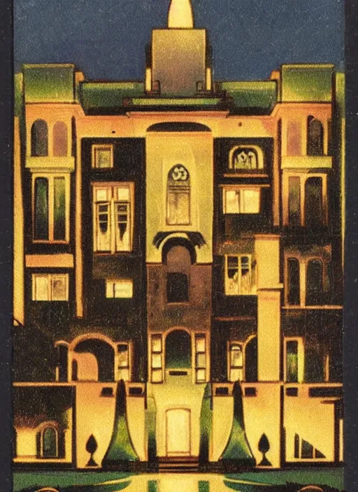 Prompt: 1920s art deco by Tito Corbella, a massive mansion lights up the night by James Gatsby, vintage postcard