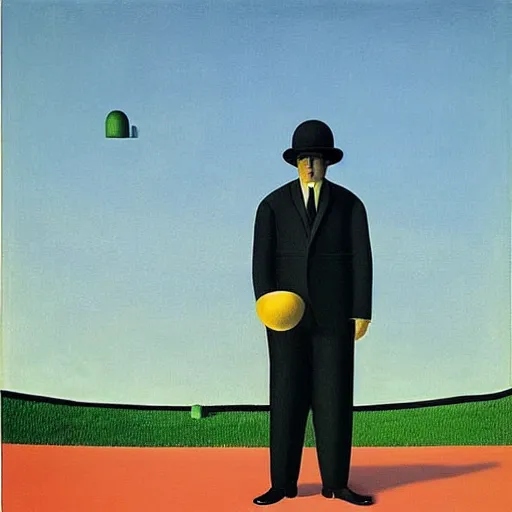 Image similar to “ painting by magritte and jeffrey smart and de chirico, featuring stairs, and man in hat ”