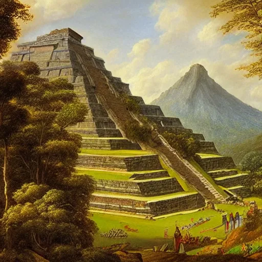 Prompt: A beautiful and highly detailed landscape painting of beautiful mayan temple in the mountains, detailed trees and cliffs, by Caspar Friedrich