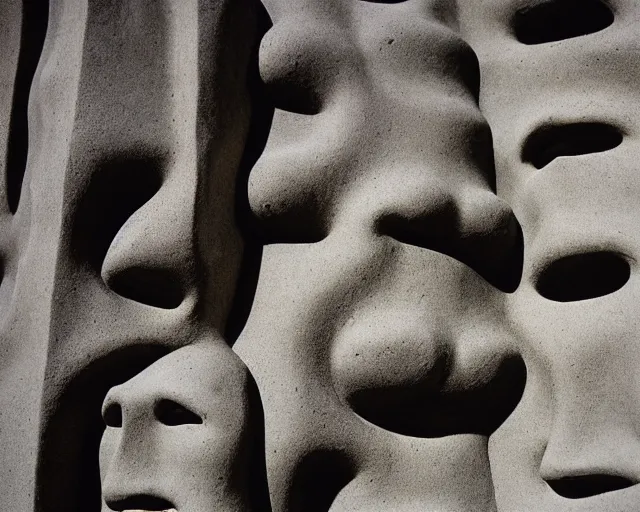 Image similar to by szukalski, francis bacon, vivian maier, mystical redscale photography evocative. a brutalist concrete carved sculpture of the secret faces of god, standing in a city center.