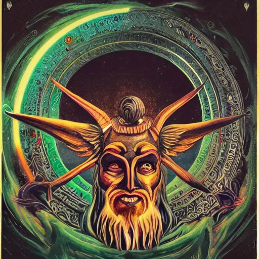 Image similar to a detailed occult painting of baphomet pointing up, cenobyte, hexglow, contracept, wildcards, denizens, matte painting, glowing eyes, felipe pantone, pascal blanche, pascal blanche, mohrbacher, blanche, and across the face portrait, big daddy ross painting, wide shot, an expansive view of the sun, intricate details, epic, dramatic, cinematic lighting, hyperrealistic, skeletal, elaborate, furniture, dreamy, machine, robot, cardboard, dark, inception, cinematic lighting, surrealism style, muted colors, soft tones, pastel colors, ornate in the dnd art style on album cover, unreal