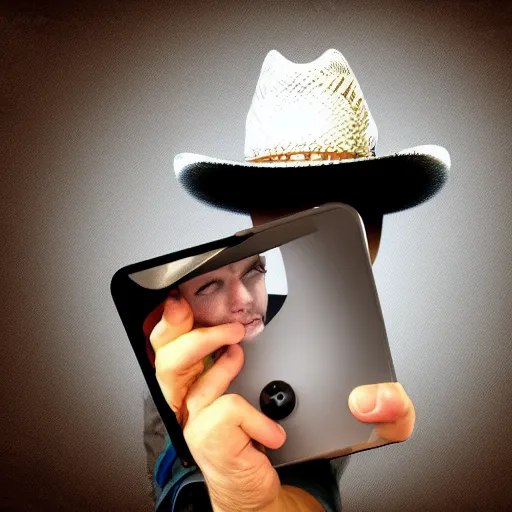 Prompt: phone wearing a cowboy hat, digital art