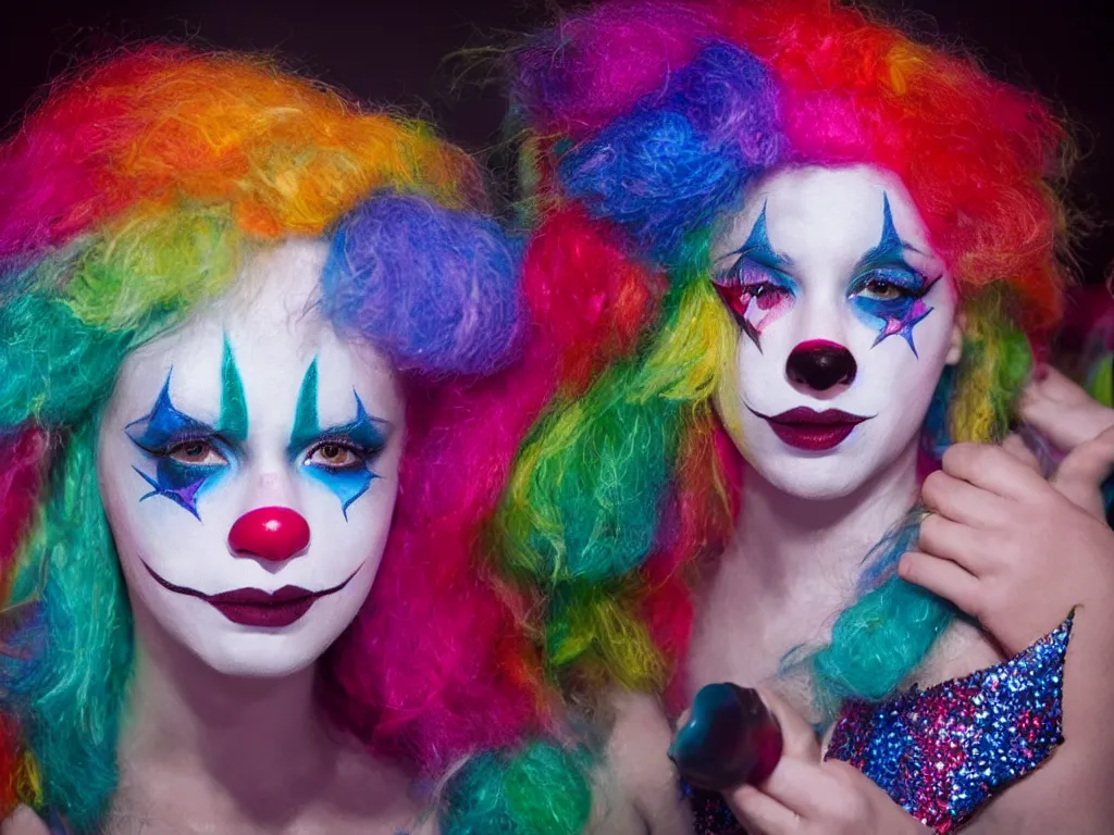 Image similar to 1 unicorn wearing clown makeup on stage auditioning for American Idol