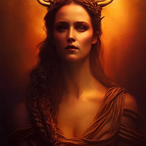 Image similar to majestic gracious regal seductive persephone portrait, ancient greece, atmospheric lighting, painted, menacing, intricate, volumetric lighting, beautiful, rich deep colours masterpiece, golden hour, sharp focus, ultra detailed, by leesha hannigan, ross tran, thierry doizon, kai carpenter, ignacio fernandez rios