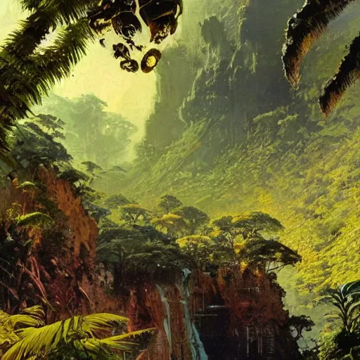 Prompt: detailed illustration of a lush natural scene on an alien planet by john berkey. beautiful landscape. weird vegetation. cliffs and water.