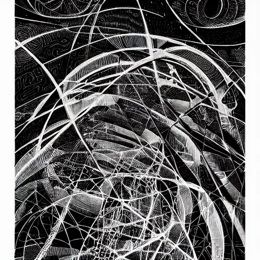 Prompt: abstract black and white concept art graphic painting illustrating kolmogorov complexity, overcomplicated, math inspired, hyper detailed, psychodelic, creepy