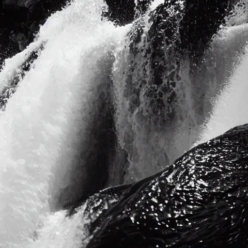 Image similar to “whitewater kayaking down a skull waterfall, black and white”