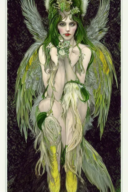 Image similar to highly detailed, intricate stunning image of harpy angel girl, feathered long hair, talons, claws, green and yellow palette, horns, bones in style of alfonson mucha, grey and white, pale, stunning atmosphere, animal and monster by h. r. giger and peter mohrbacher