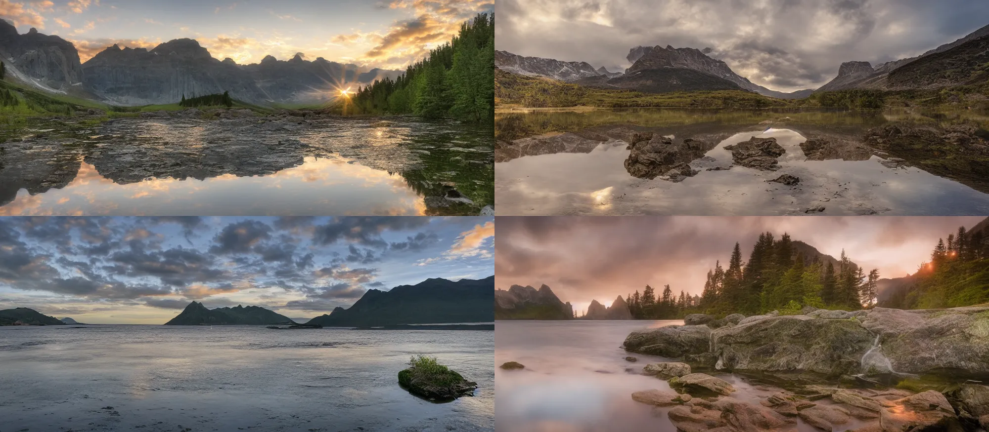 Image similar to mountain sunset over water, reflections, crepuscular rays, long exposure