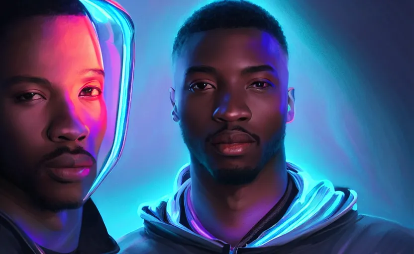 Image similar to portrait of handsome black genius wearing a hoodie in front several curved holographic displays, luxury condo interior, elegant atmosphere, glowing lights, highly detailed, digital painting, artstation, concept art, smooth, sharp focus, illustration, art by wlop, mars ravelo and greg rutkowski