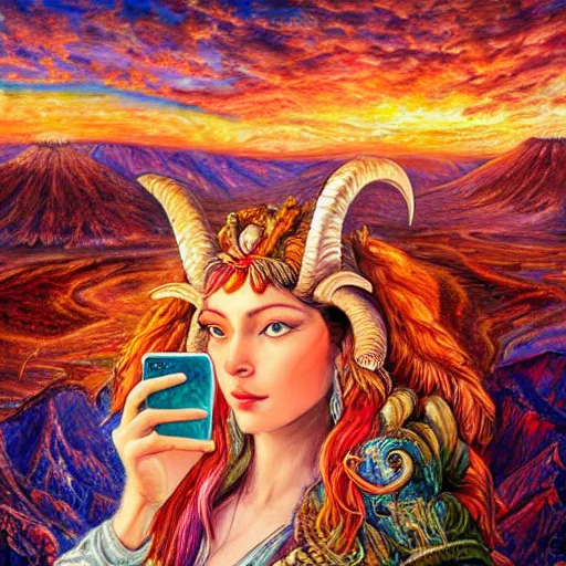 Image similar to painting by senior concept artist josephine wall, horned ram goddess checking her cell phone, erupting volcano and sunset in distance in background, flowers in foreground, trending on artstation, zodiac, fantasy, acrylic on canvas, intricately detailed, highly detailed, high resolution, hd, hdr, 8 k