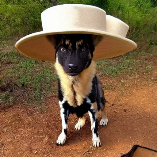 Image similar to A photo of the world's greatest sheriff: an african painted dog wearing a hat!