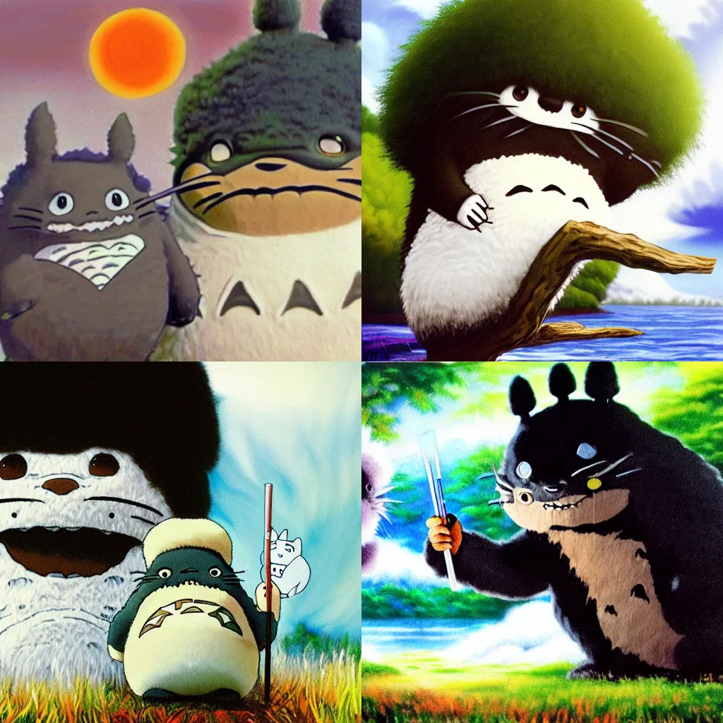 Prompt: bob ross painting totoro on a white canvas, ultra realistic, high detail, hyperrealistic, 8 k, modern art,