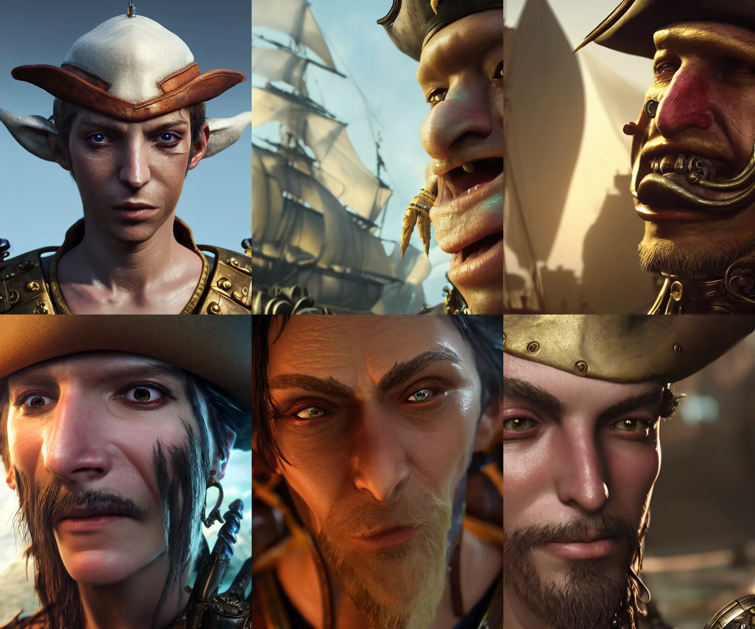Prompt: incredibly realistic, too detailed portrait of victorian pirate extraterrestrial, octane render, bump mapping, macro image, global illumination, 8 k, bokeh, xenoblade, d & d, elder scrolls, one piece