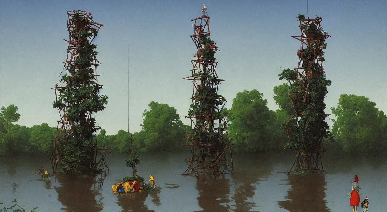 Prompt: single flooded simple whip tree tower, very coherent and colorful high contrast!! masterpiece by rene magritte simon stalenhag carl spitzweg syd mead norman rockwell edward hopper james gilleard, minimalist, dark shadows, sunny day, hard lighting
