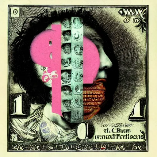 Image similar to post - punk new age album cover, asymmetrical design, dollar bank notes, capitalism, magic, apocalypse, psychedelic, black white pink, magic, giger h. r., giuseppe arcimboldo