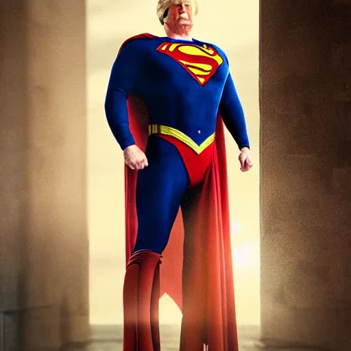 Prompt: donald trump as superman, detailed portrait, film still, realism, 4 k photography, art by greg rutkowski, artistic