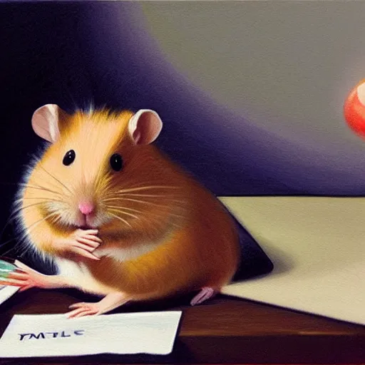 Image similar to a oil painting of a hamster trying to do his tax and is very stressed out