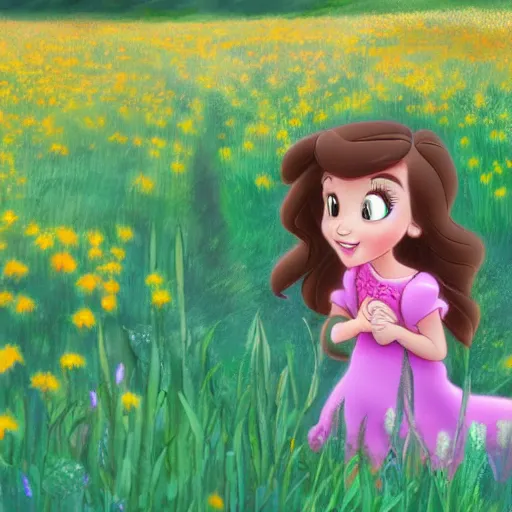 Prompt: a little girl with short wavy brown hair sits in a field of flowers in a still from a disney movie. beautiful disney cartoon character art, high quality, detailed face