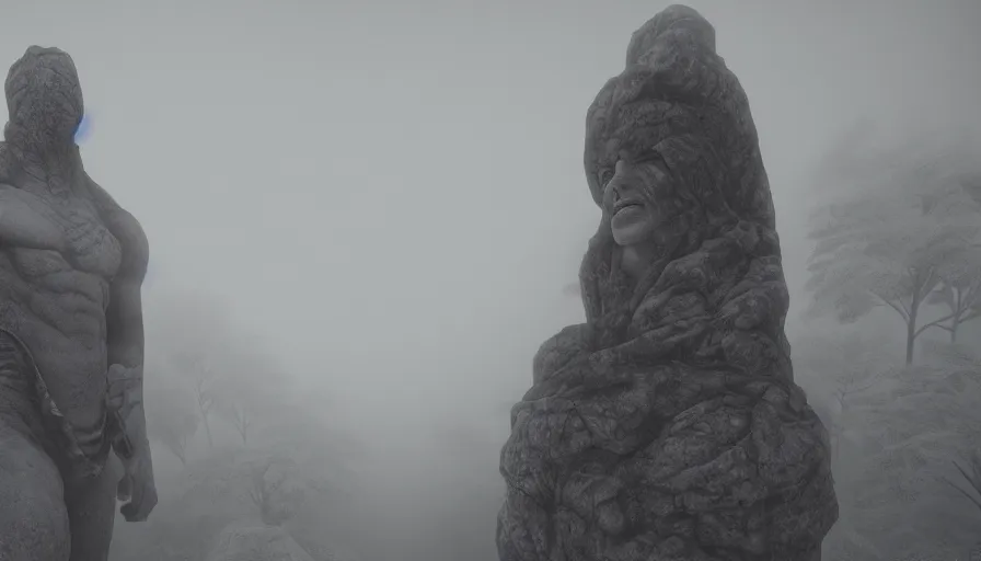 Image similar to Giant stone statue with villages built all around in the snowy mountains, light morning fog, volumetric light, hyperdetailed, artstation, cgsociety, 8k