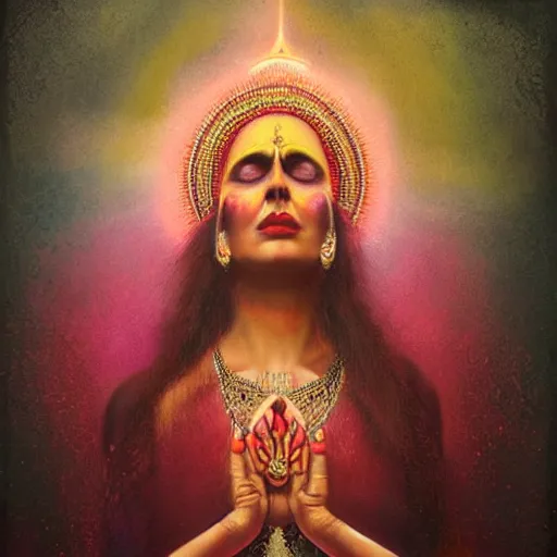 Prompt: old Indian majestic lady, looking upwards with hands clasped, despair, pink and gold, mystic, by Anato Finnstark, Tom Bagshaw, Brom