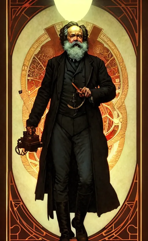 Prompt: karl marx 6 6 6 gorgeous lighting by weta studio, mucha, bautista and norman rockwell and greg rutkowski and tom bagshaw and james gurney and lucasfilm