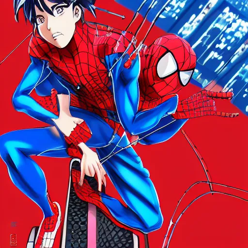 Image similar to Anime key visual of Cyberpunk ninja Spider-Man in a colorful blue and scarlet suit, wearing a scarlet hoodie, riding a skateboard in Berlin, official media drawn by Hirohiko Araki, anime magazine cover, manga cover, shonen jump cover, in the style of JOJO’s bizarre adventure, Hirohiko Araki artwork