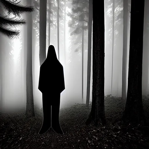 Image similar to shadow people in forest, staring at camera glowing white eyes, black and white, foggy, grainy, very old, creepy, eerie, unsettling