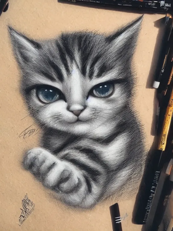 Image similar to A cute kitten, by artgerm, beautiful, mixed media on toned paper, 2021, very detailed, coffee art