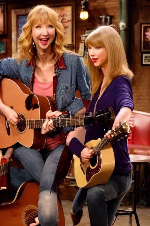 Prompt: lisa kudrow and taylor swift playing acoustic guitars at central perk from friends, soft lighting, super detailed