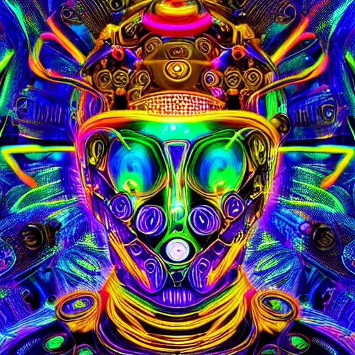 Image similar to hyperdetailed portrait of a psychedelic steampunk robot head, covered in colorful glowing holy geometry lotus flowers and tubes, eyes shoot multicolored laserbeams, 8 k, symetrical, halluzinogenic, meditative, black background