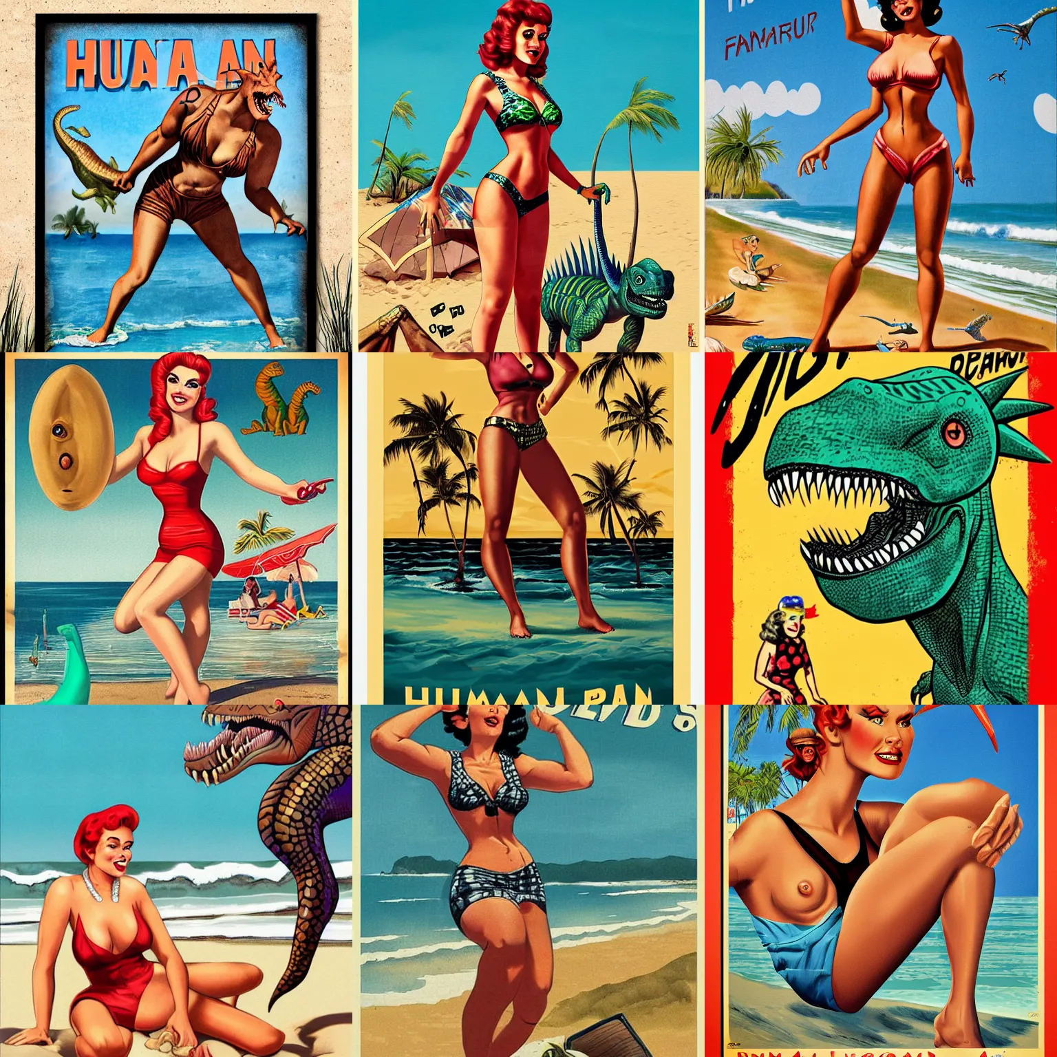 Prompt: Human-dinosaur hybrid at the beach, pin up style poster, highly detailed, reptile human