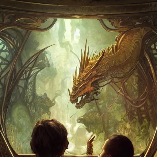 Prompt: a dragon in a zoo exhibit behind a glass wall, people are watching it, d & d, fantasy, intricate, cinematic lighting, highly detailed, artstation, concept art, smooth, sharp focus, illustration, art by artgerm and greg rutkowski and alphonse mucha