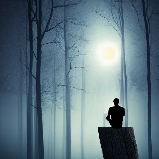 Prompt: man sitting on a tree trunk in a forest crying, moody, dark, night, blue mist, moonlight, surrealist