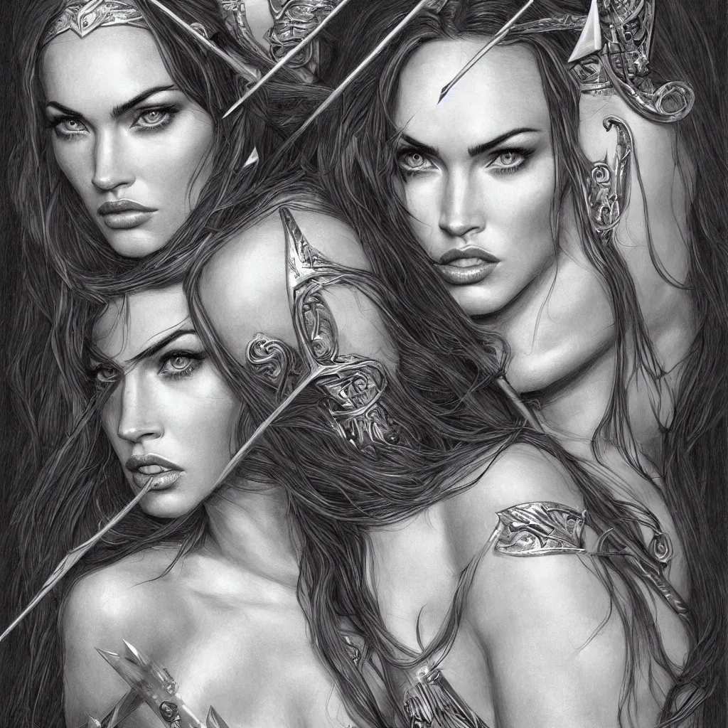 Image similar to portrait of beautiful megan fox as greek goddess aphrodite, archer, arrow on the head, beautiful piercing eyes, flowing blonde hair, realistic face, black and white drawing, in the style of greg rutkowski, fantasy, amazing detail, epic, intricate, elegant, smooth, sharp focus