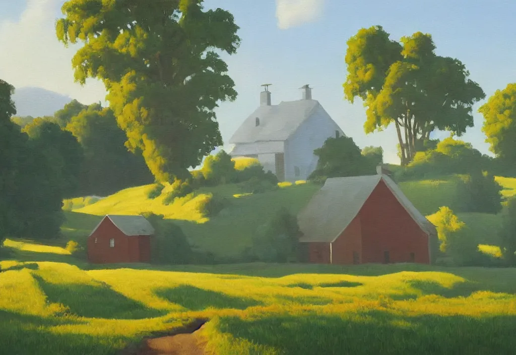 Image similar to a landscape painting of an old farm house in the countryside, summer, painting by kenton nelson, early morning light, puffy couds