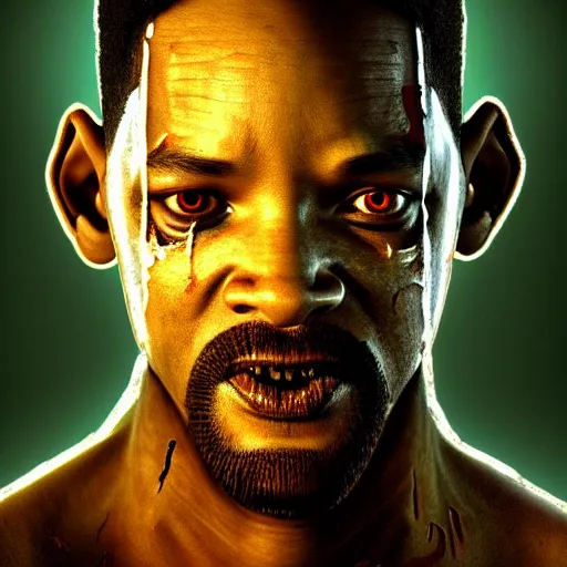 Image similar to eighties will smith as a flesh eating zombie with cuts on face, 7 days to die zombie, fine art, award winning, intricate, elegant, sharp focus, cinematic lighting, highly detailed, digital painting, 8 k concept art, art by guweiz and z. w. gu, masterpiece, trending on artstation, 8 k