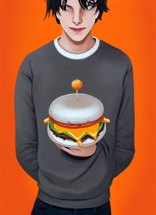 Image similar to portrait of teenage jughead jones wearing a light grey crown, symmetrical crown, sweater with picture of hamburger, eyes closed, crown, black hair, orange, intricate, elegant, glowing lights, warm lighting, highly detailed, digital painting, artstation, concept art, smooth, sharp focus, illustration, art by wlop, mars ravelo and greg rutkowski