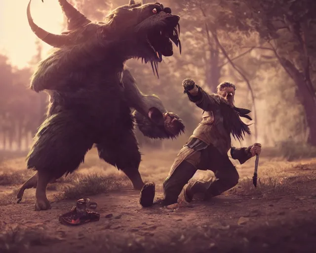 Image similar to gerald of rivia fighting with fursuit cosplayers, cinematic, concept art, wlop, beeple, highly detailed, face, hands, unreal engine, octane render