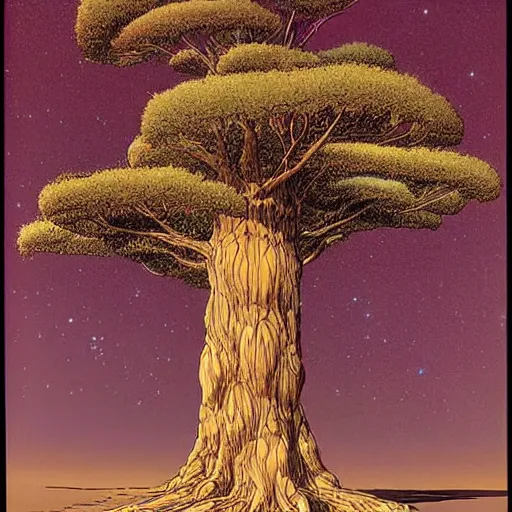 Image similar to a large tree rooted from a crystal planet, by moebius