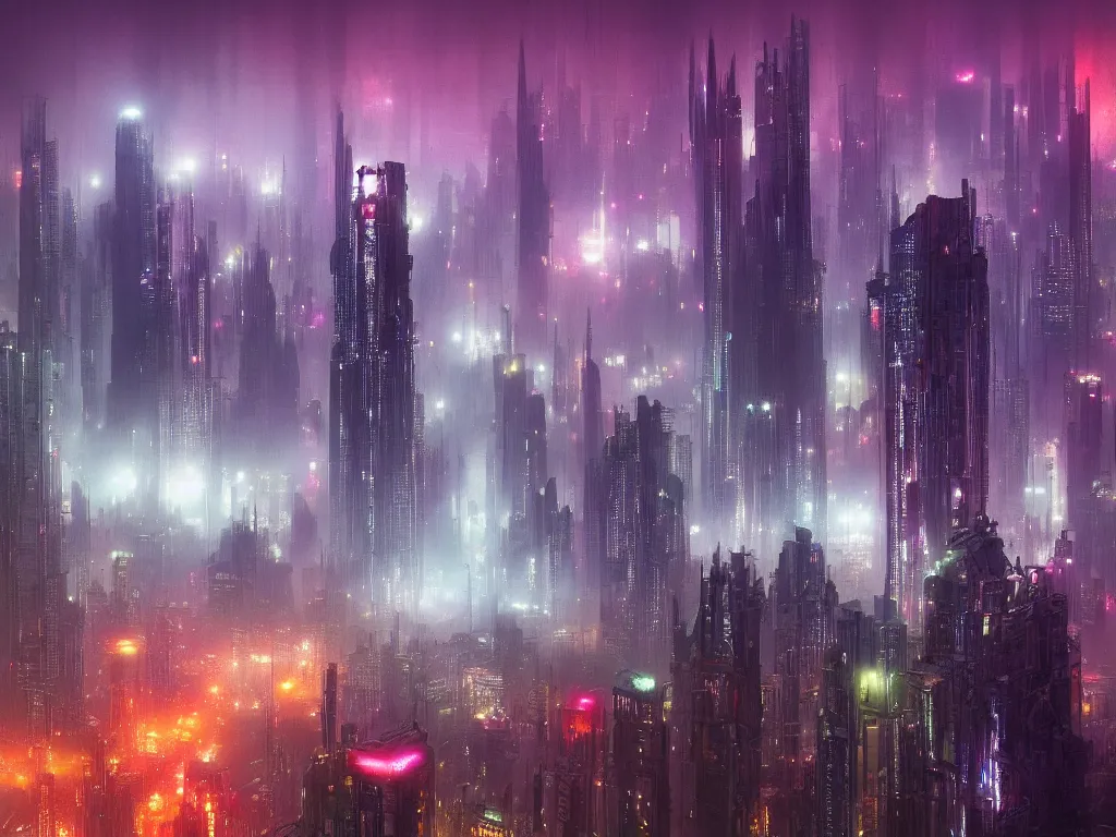 Prompt: hyperrealistic matte painting of complex skyscrapers above a mysterious fog, city lights below, modern architecture, art deco architecture, cyberpunk style, vivid lights, vivid color, concept art, by paul lehr and hugh ferris and noriyoshi ohrai