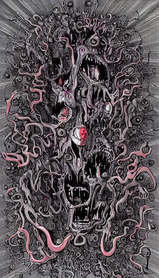 Prompt: a storm vortex made of many demonic eyes and teeth, by alex pardee