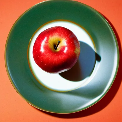 Prompt: a wide angle side view realistic photo of only 3 apples on a colorful plate, award winning, food photography, by ansel adams